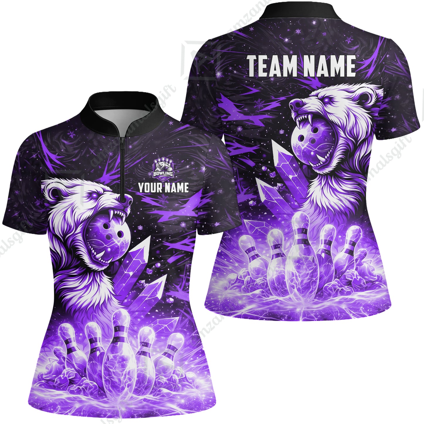 Custom Bowling Jersey Polo Shirt, Arctic Bear & Crystal Galaxy, Custom Bowling Jersey Team Shirt For Players With Name & Team Name