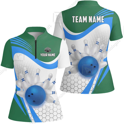 Custom Bowling Jersey Polo Shirt, Geometric Streamline & Fresh Mint, Custom Bowling Jersey Team Shirt For Players With Name & Team Name