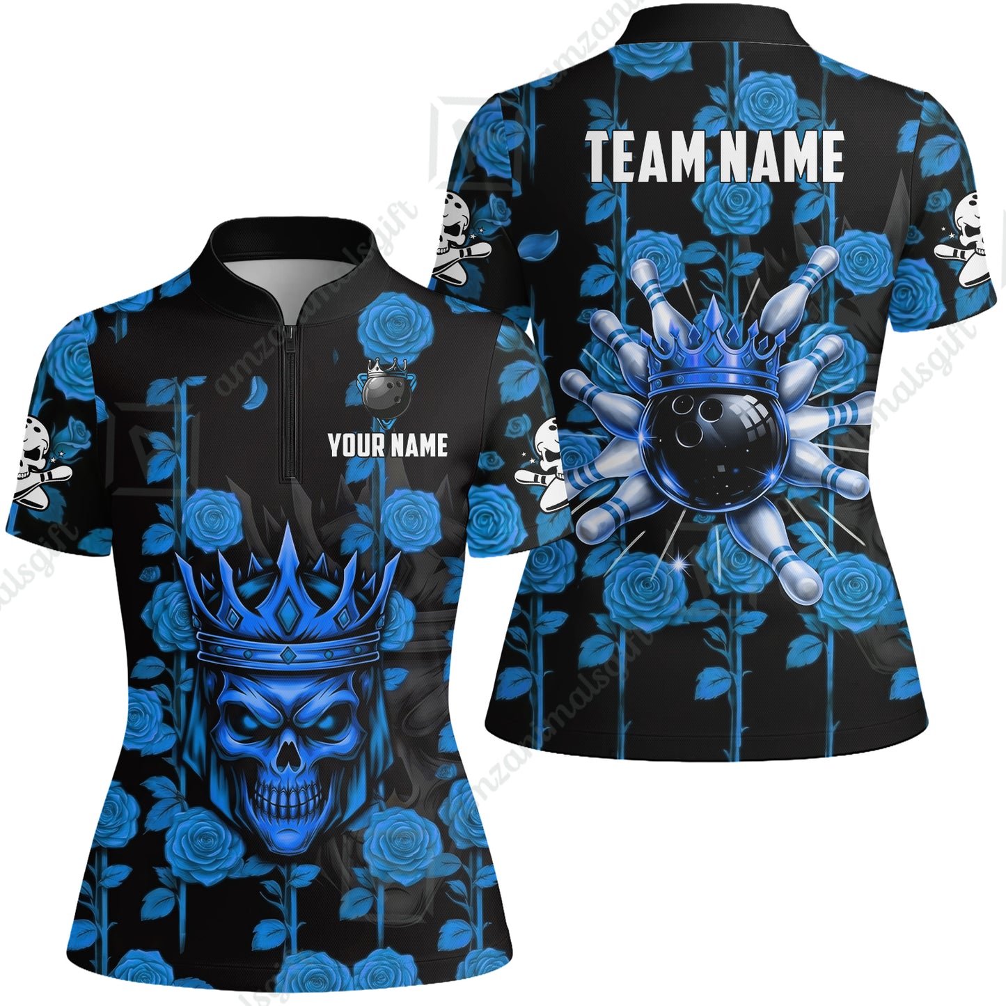 Custom Bowling Jersey Polo Shirt, Royal Skull Bowling, Custom Bowling Jersey Team Shirt For Players With Name & Team Name