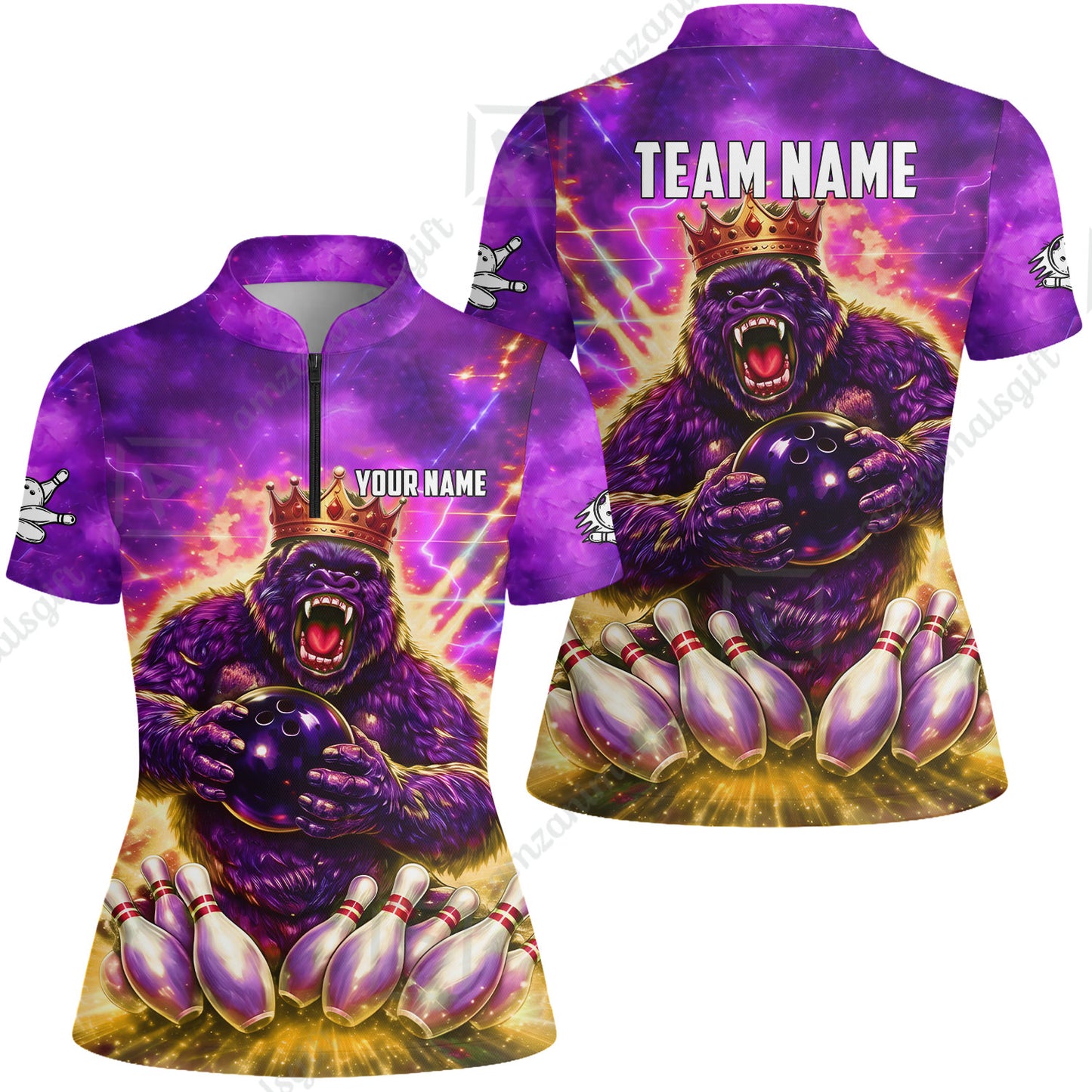 Custom Bowling Jersey Polo Shirt, King Gorilla Holding Bowling Ball, Custom Bowling Jersey Team Shirt For Players With Name & Team Name