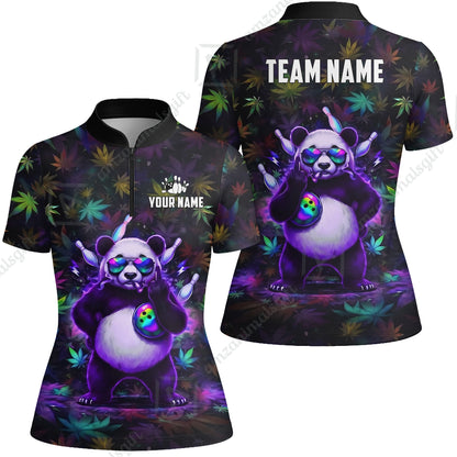 Custom Bowling Jersey Polo Shirt, Badass Stoner Panda & Psychedelic Leaves, Custom Bowling Jersey Team Shirt For Players With Name & Team Name