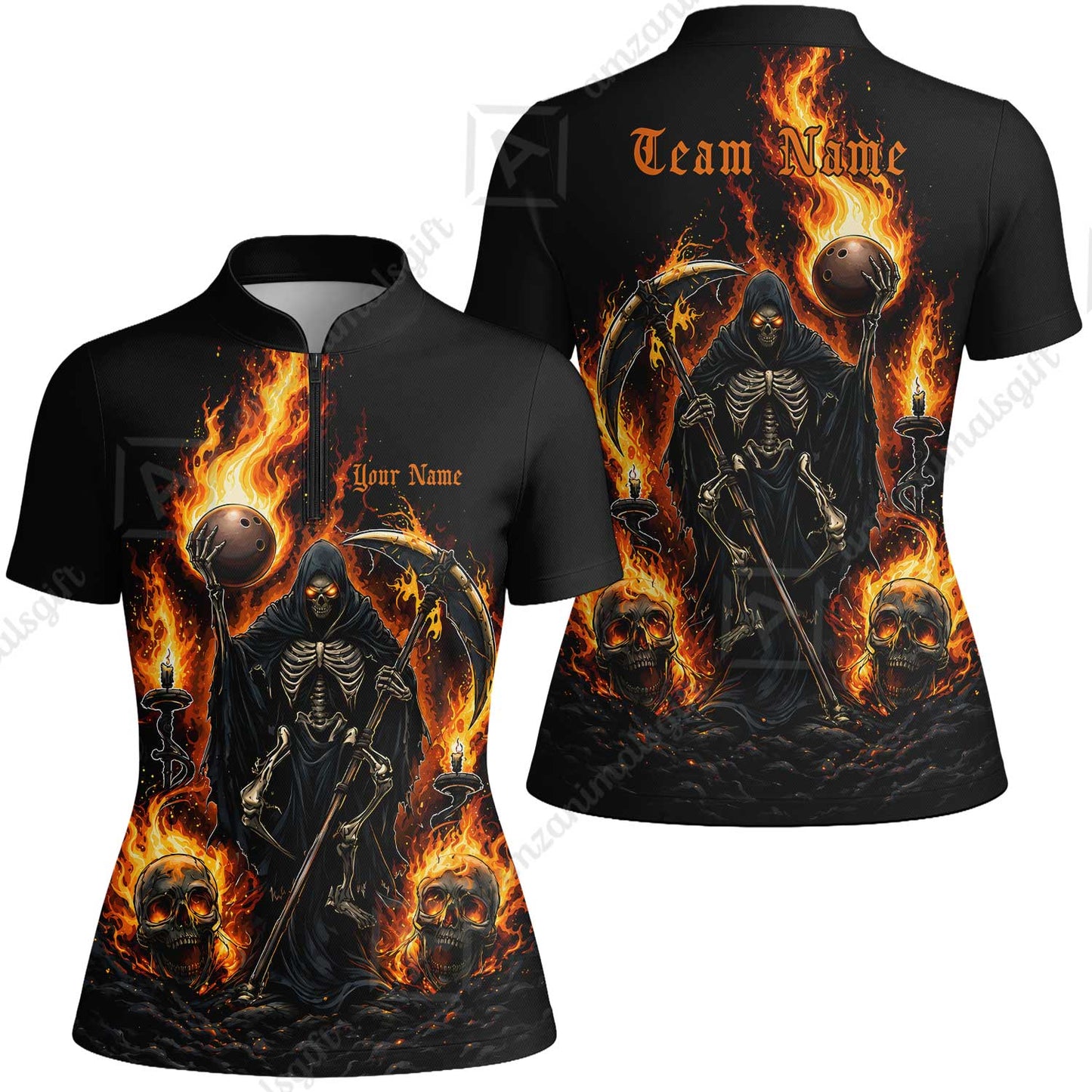 Custom Bowling Jersey Polo Shirt, Hellfire Grim Reaper, Personalize Name and Team Name
