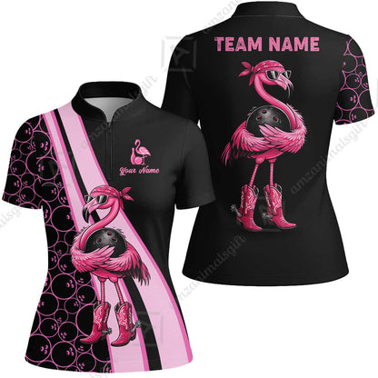 Custom Bowling Jersey Polo Shirt, Cowgirl Flamingo Bowling Custom Bowling Jersey Team Shirt For Players With Name & Team Name