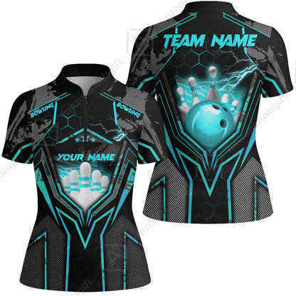 Customized Bowling Jersey, Bowling And Pins Abstract Grunge Texture X Multicolor Option Customized Name And Team Name Zipper Polo Jerseys Shirts