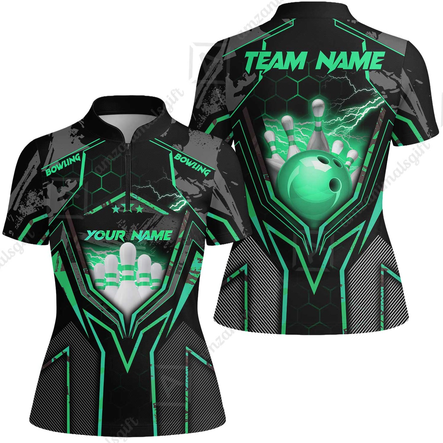 Customized Bowling Jersey, Bowling And Pins Abstract Grunge Texture X Multicolor Option Customized Name And Team Name Zipper Polo Jerseys Shirts