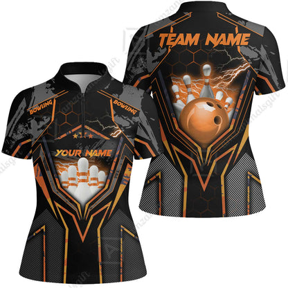 Customized Bowling Jersey, Bowling And Pins Abstract Grunge Texture X Multicolor Option Customized Name And Team Name Zipper Polo Jerseys Shirts