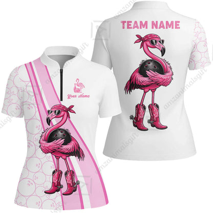 Custom Bowling Jersey Polo Shirt, Cowgirl Flamingo Bowling Custom Bowling Jersey Team Shirt For Players With Name & Team Name