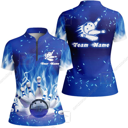 Bowling Men Polo Shirt Custom Name - Bowling On Blue Fire Personalized Bowling Polo Shirt