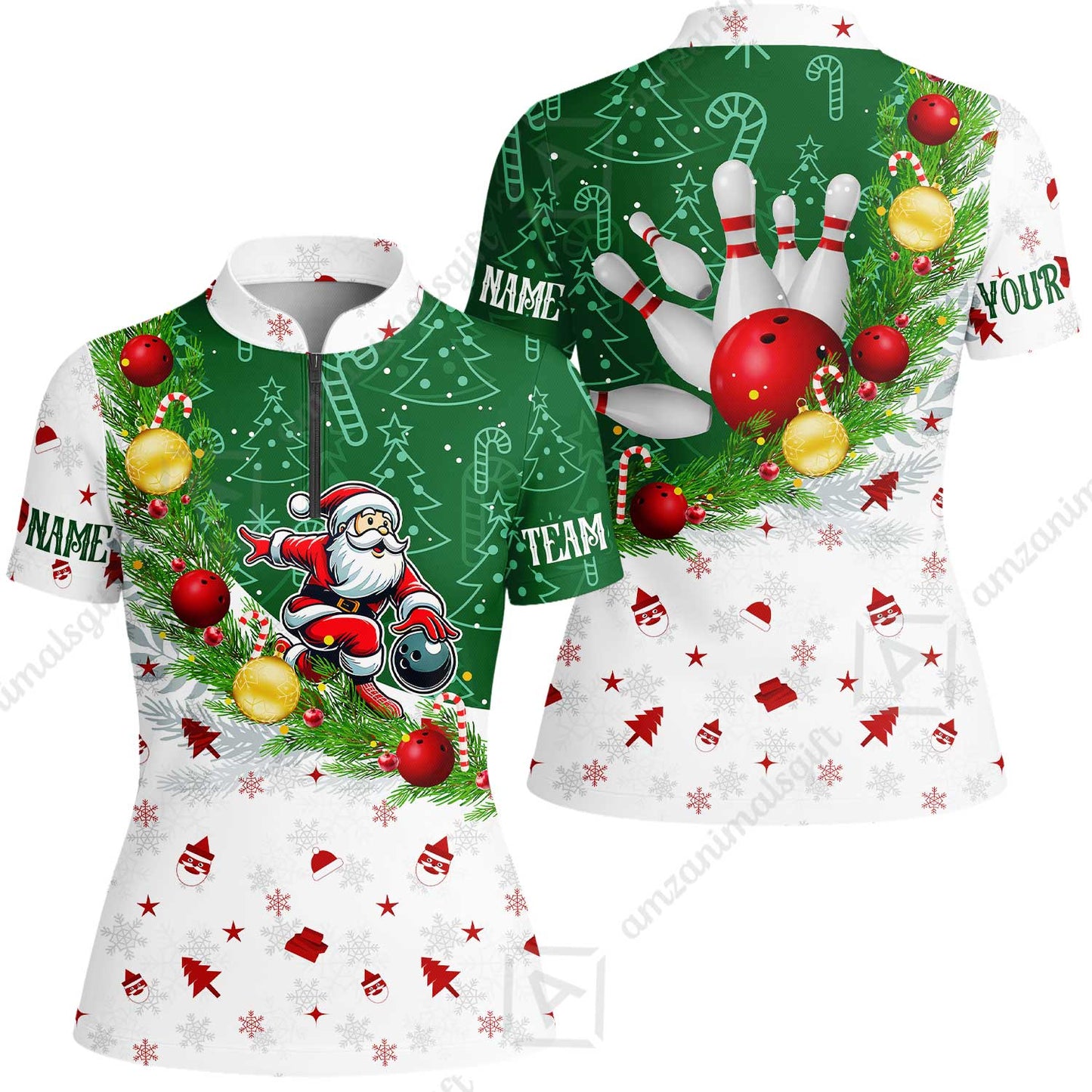 Custom Christmas Santa Bowling Team Jerseys Polo Shirts, Christmas Santa Bowling uniforms - Bowling Polo Personalized Name And Team Name