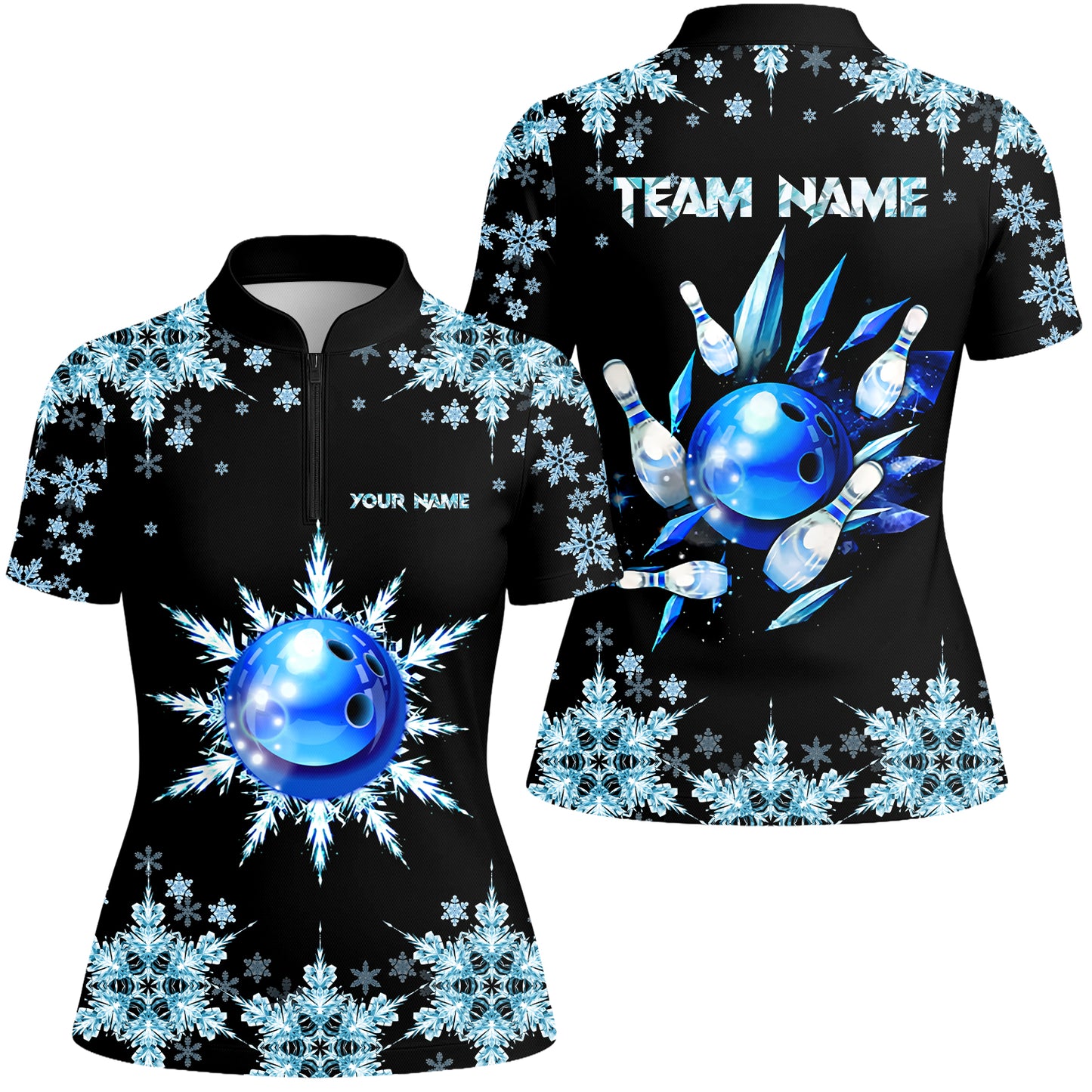 Snowflake Ice Custom Bowling Team Jerseys Polo Shirts, Christmas Ice Bowling uniforms - Bowling Polo Personalized Name And Team Name