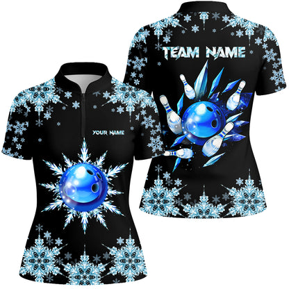 Snowflake Ice Custom Bowling Team Jerseys Polo Shirts, Christmas Ice Bowling uniforms - Bowling Polo Personalized Name And Team Name