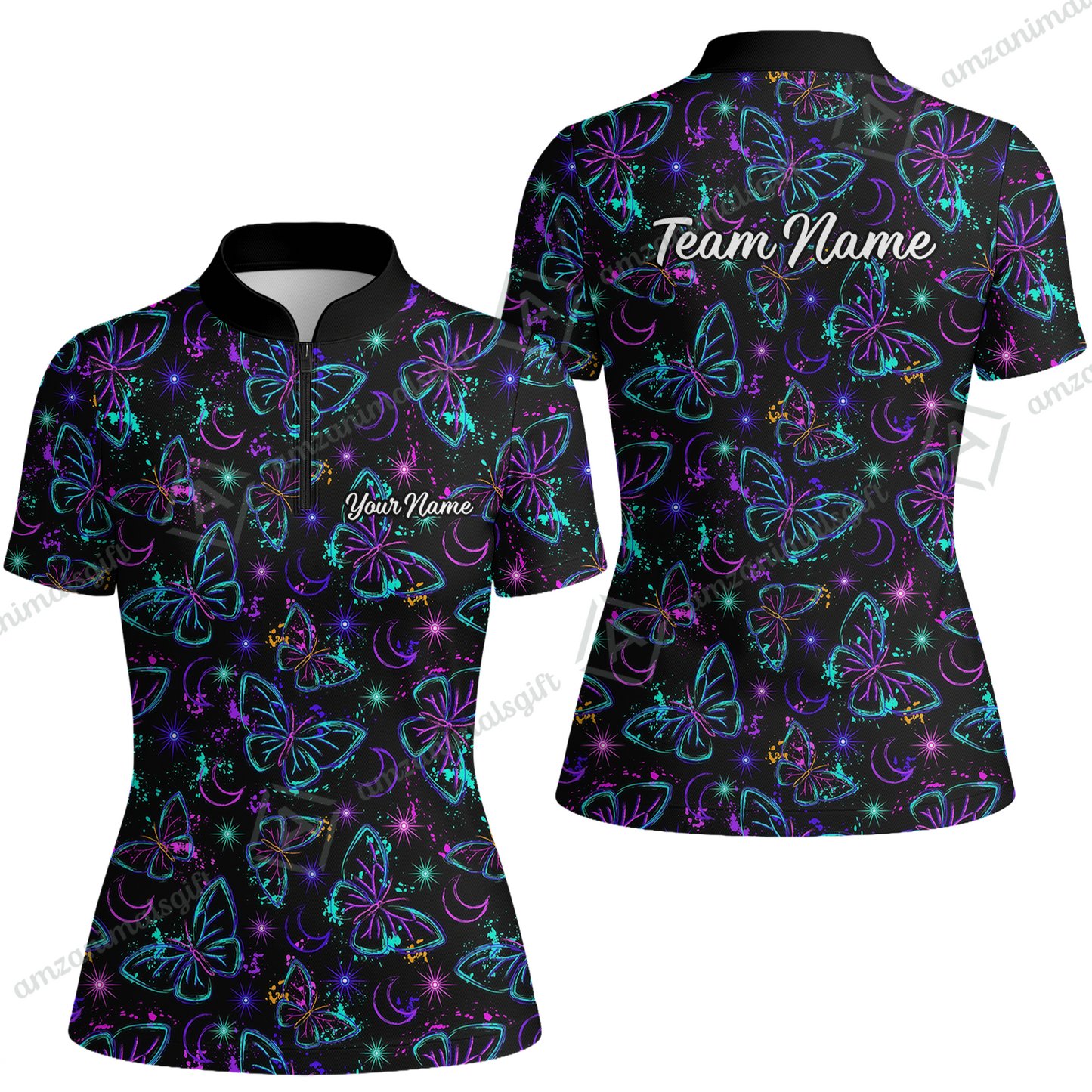 Custom Bowling Jersey Polo Shirt, Butterfly Moon Bowling, Custom Bowling Jersey Team Shirt For Players With Name & Team Name