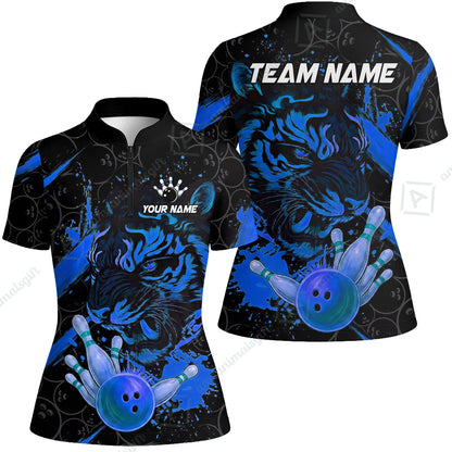Customized Bowling Unisex Polo Shirt, Tiger Ball Striking Pins, Bowling Uniforms, Personalized Name And Team Name