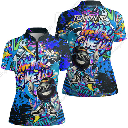 Customized Bowling Unisex Polo Shirt, Graffiti Bowling Funny Never Give Up Bowling Uniform, Personalized Name And Team Name