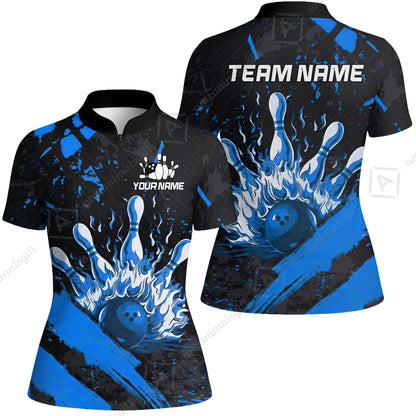 Customized Bowling Unisex Polo Shirt, Bowling And Pins Grunge Flame, Bowling Uniform - Personalized Name And Team Name