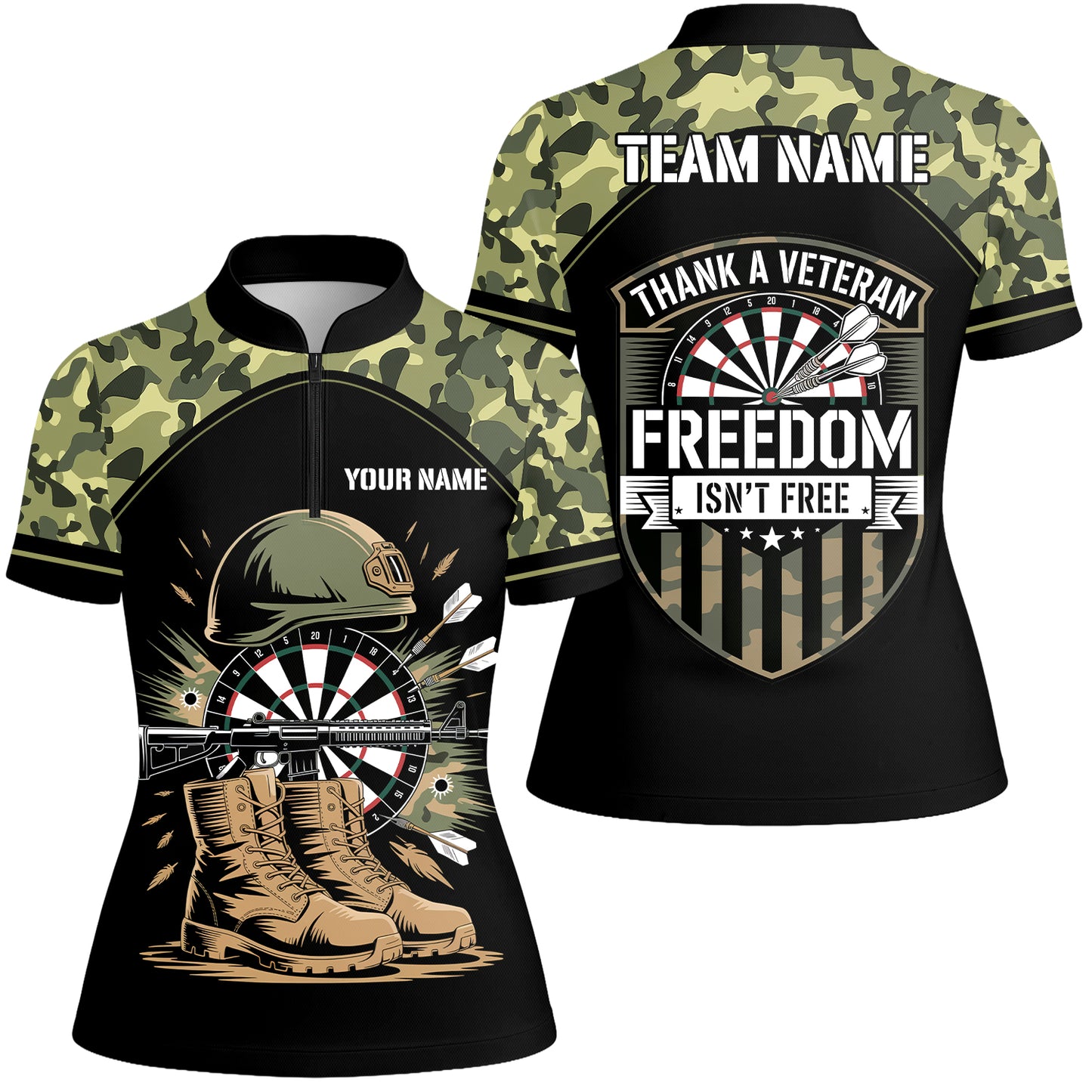 Custom Military Green Camouflage Dartboard Collar Quater-Zip Jersey Team Shirts, Customized Name Team Name Darts Team Jerseys Uniform