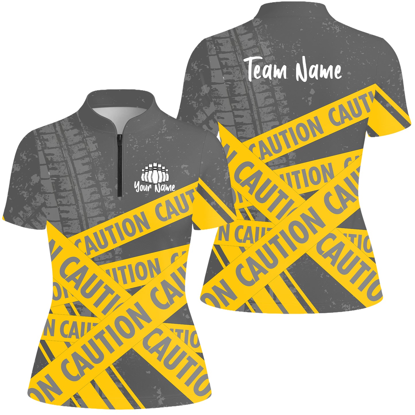 Custom Caution tape Bowling Team Jerseys Polo Shirts, Bright Yellow CAUTION Tape Bowling uniforms - Bowling Personalized Name And Team Name