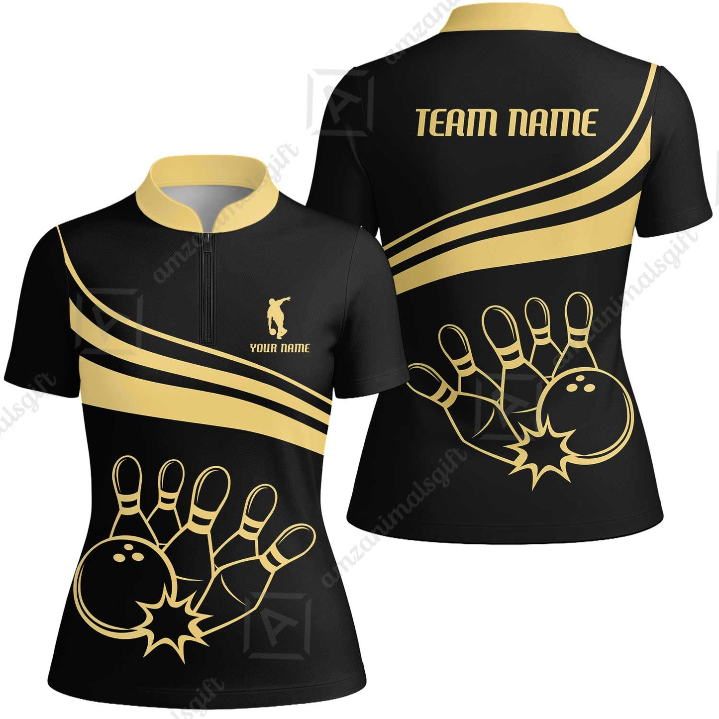 Bowling Customized Jersey Black Shirt Gold Curve Bowling Tenpin Quarter Zip Shirt, Outfit For Bowlers, Bowling Team