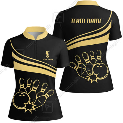 Bowling Customized Jersey Black Shirt Gold Curve Bowling Tenpin Quarter Zip Shirt, Outfit For Bowlers, Bowling Team