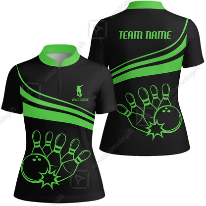 Bowling Customized Jersey Black Shirt Green Curve Bowling Tenpin Quarter Zip Shirt, Outfit For Bowlers, Bowling Team