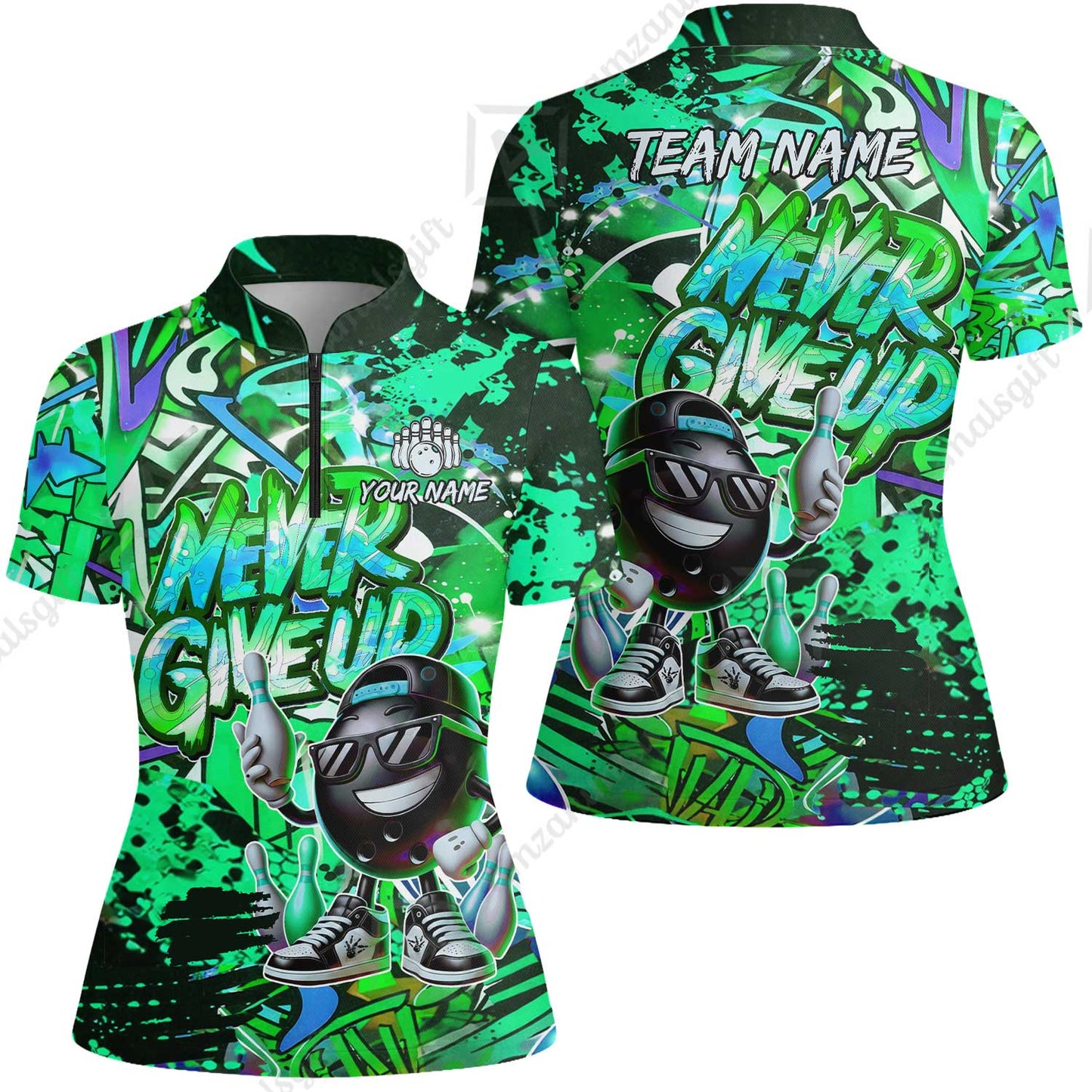 Customized Bowling Unisex Polo Shirt, Graffiti Bowling Funny Never Give Up Bowling Uniform, Personalized Name And Team Name