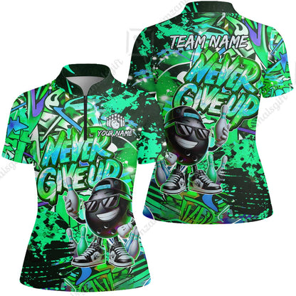 Customized Bowling Unisex Polo Shirt, Graffiti Bowling Funny Never Give Up Bowling Uniform, Personalized Name And Team Name