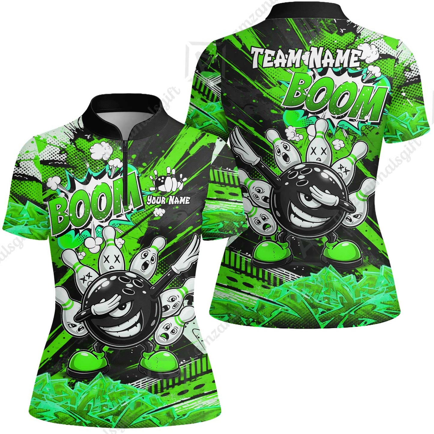 Customized Bowling Unisex Polo Shirt, Boom Bowling Angry Ball Screaming Pins, Personalized Name And Team Name For Bowlers