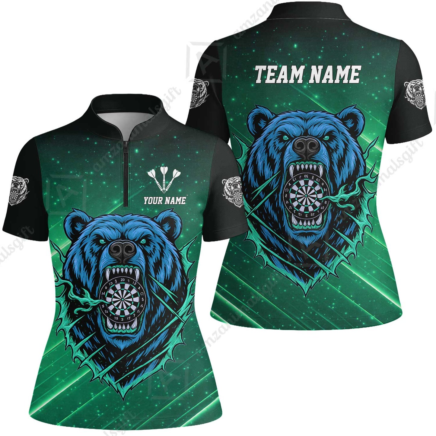 Customized Darts Team Uniform Shirt, Personalized Furious Bear Darts Collar Quarter-Zip Shirt with Name & Team Name
