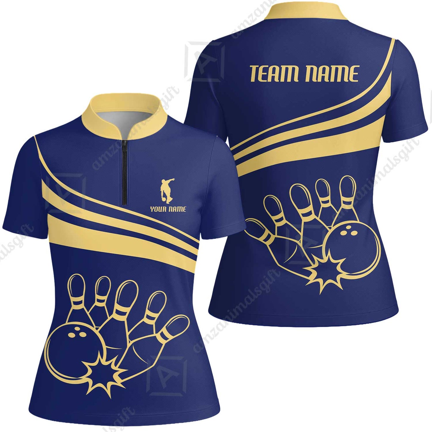 Bowling Customized Jersey Navy Shirt Gold Curve Bowling Tenpin Quarter Zip Shirt, Outfit For Bowlers, Bowling Team