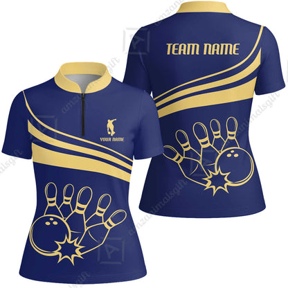 Bowling Customized Jersey Navy Shirt Gold Curve Bowling Tenpin Quarter Zip Shirt, Outfit For Bowlers, Bowling Team