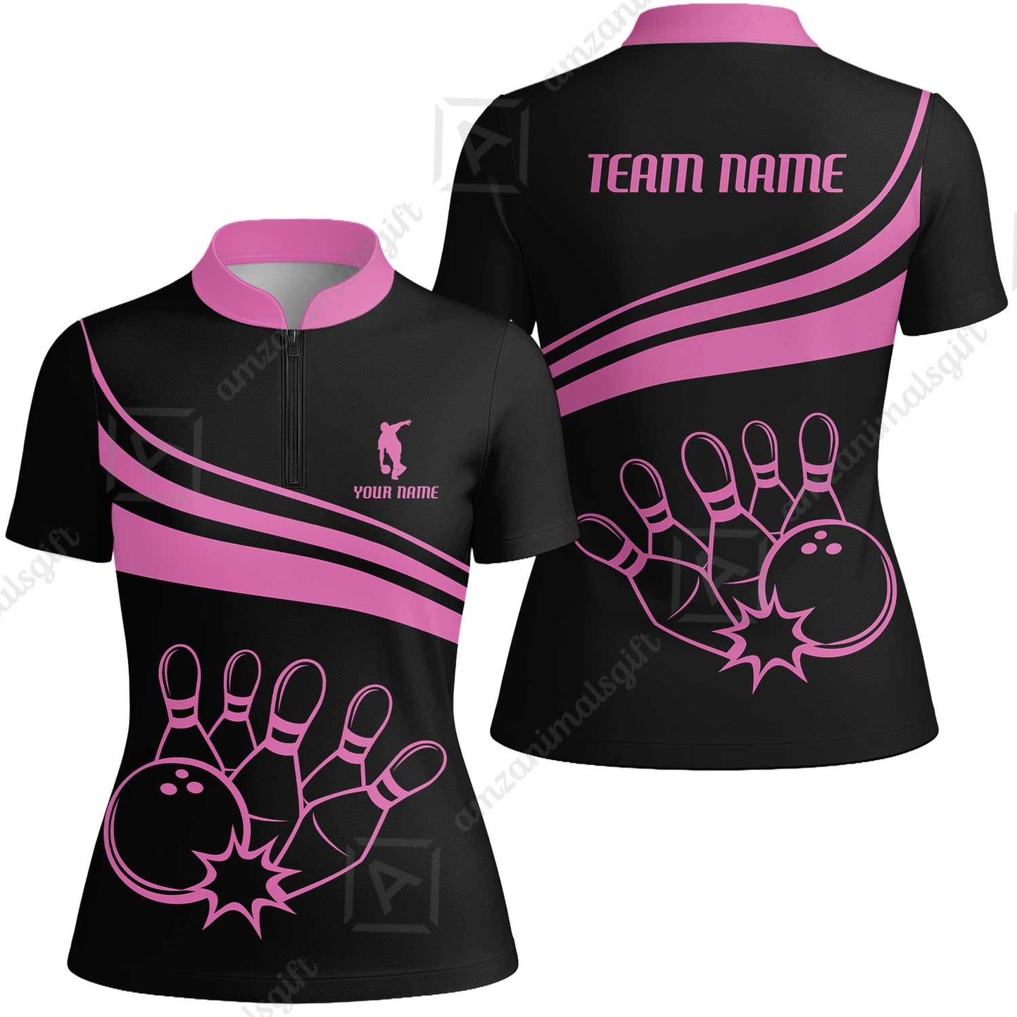 Bowling Customized Jersey Black Shirt Pink Curve Bowling Tenpin Quarter Zip Shirt, Outfit For Bowlers, Bowling Team