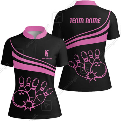 Bowling Customized Jersey Black Shirt Pink Curve Bowling Tenpin Quarter Zip Shirt, Outfit For Bowlers, Bowling Team
