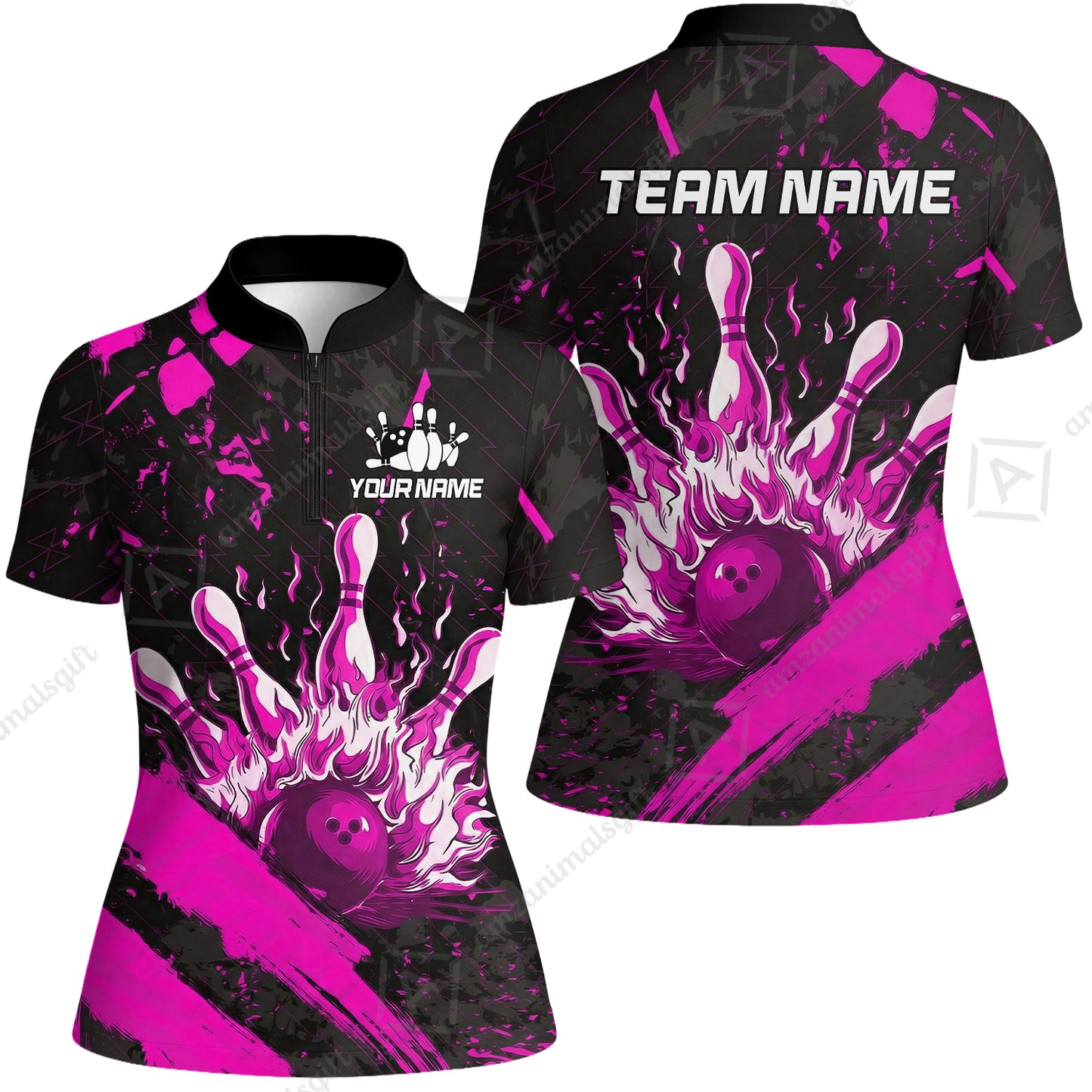 Customized Bowling Unisex Polo Shirt, Bowling And Pins Grunge Flame, Bowling Uniform - Personalized Name And Team Name