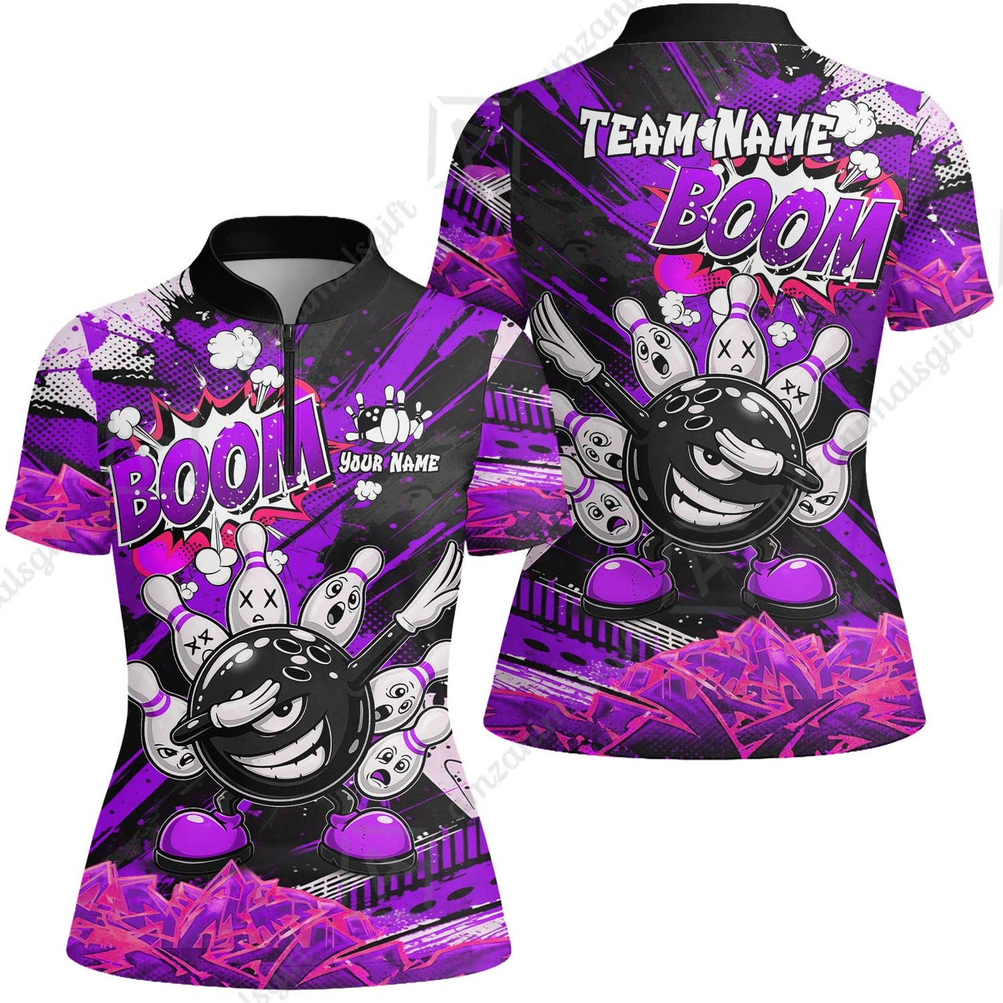 Customized Bowling Unisex Polo Shirt, Boom Bowling Angry Ball Screaming Pins, Personalized Name And Team Name For Bowlers