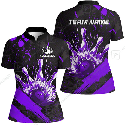 Customized Bowling Unisex Polo Shirt, Bowling And Pins Grunge Flame, Bowling Uniform - Personalized Name And Team Name