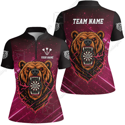 Customized Darts Team Uniform Shirt, Personalized Furious Bear Darts Collar Quarter-Zip Shirt with Name & Team Name