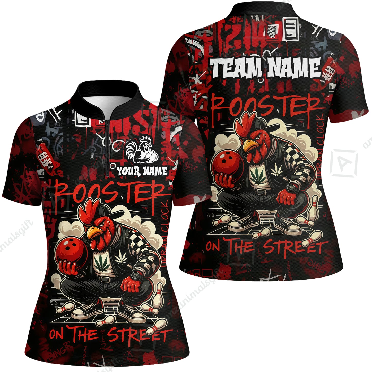 Customized Bowling Unisex Polo Shirt, Urban Streetwear Chicken Bowling Rooster On The Street, Personalized Name Team Name