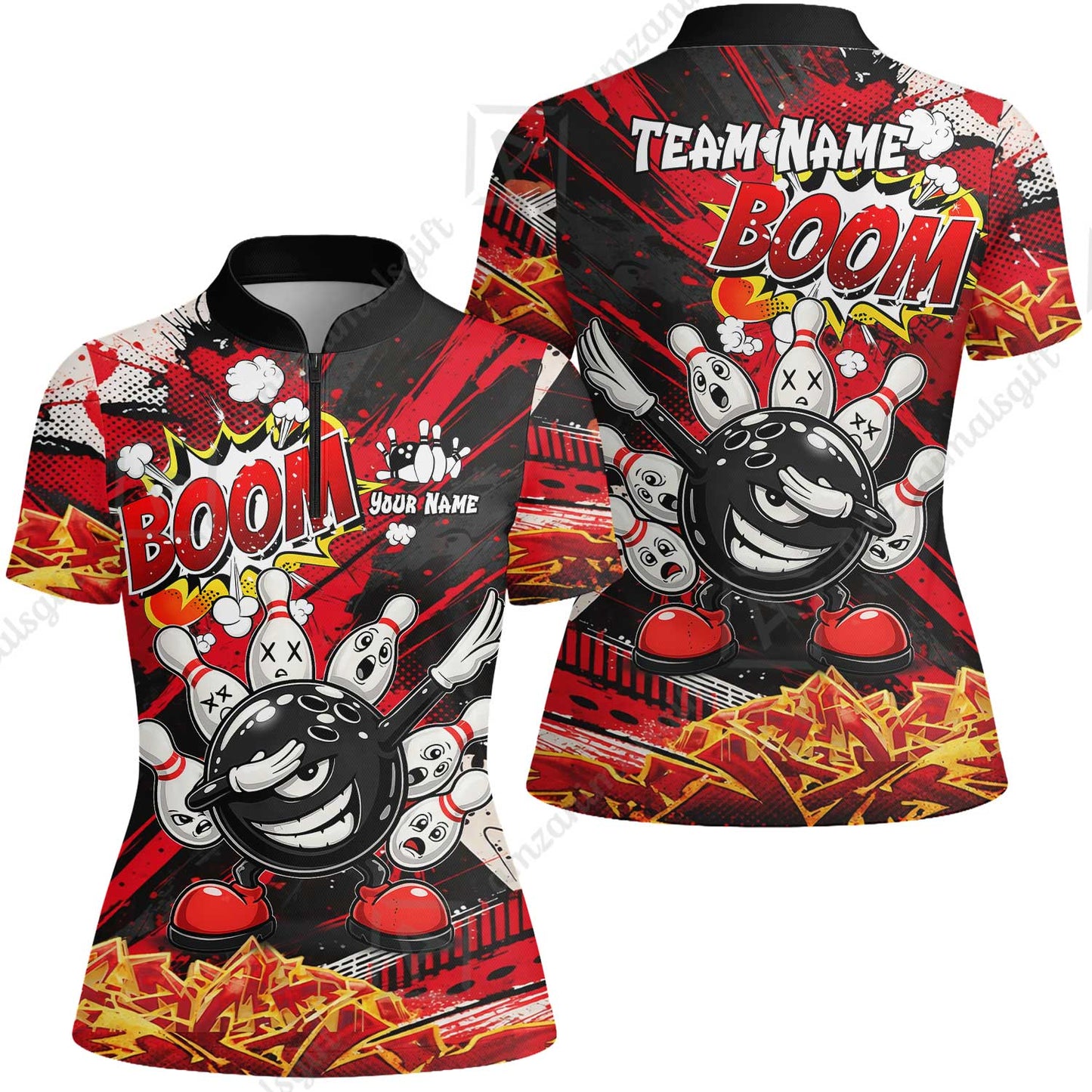 Customized Bowling Unisex Polo Shirt, Boom Bowling Angry Ball Screaming Pins, Personalized Name And Team Name For Bowlers