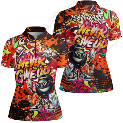 Customized Bowling Unisex Polo Shirt, Graffiti Bowling Funny Never Give Up Bowling Uniform, Personalized Name And Team Name