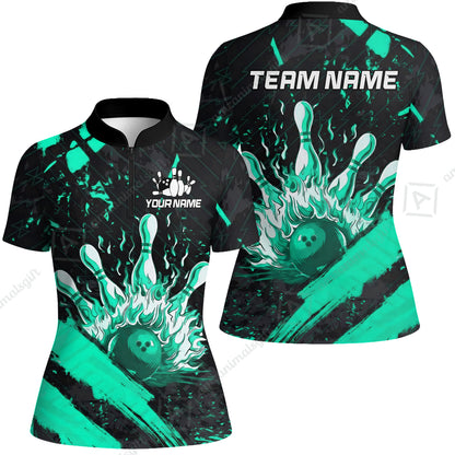 Customized Bowling Unisex Polo Shirt, Bowling And Pins Grunge Flame, Bowling Uniform - Personalized Name And Team Name