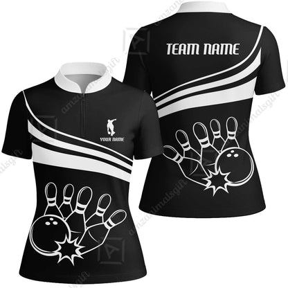 Bowling Customized Jersey Black Shirt White Curve Bowling Tenpin Quarter Zip Shirt, Outfit For Bowlers, Bowling Team