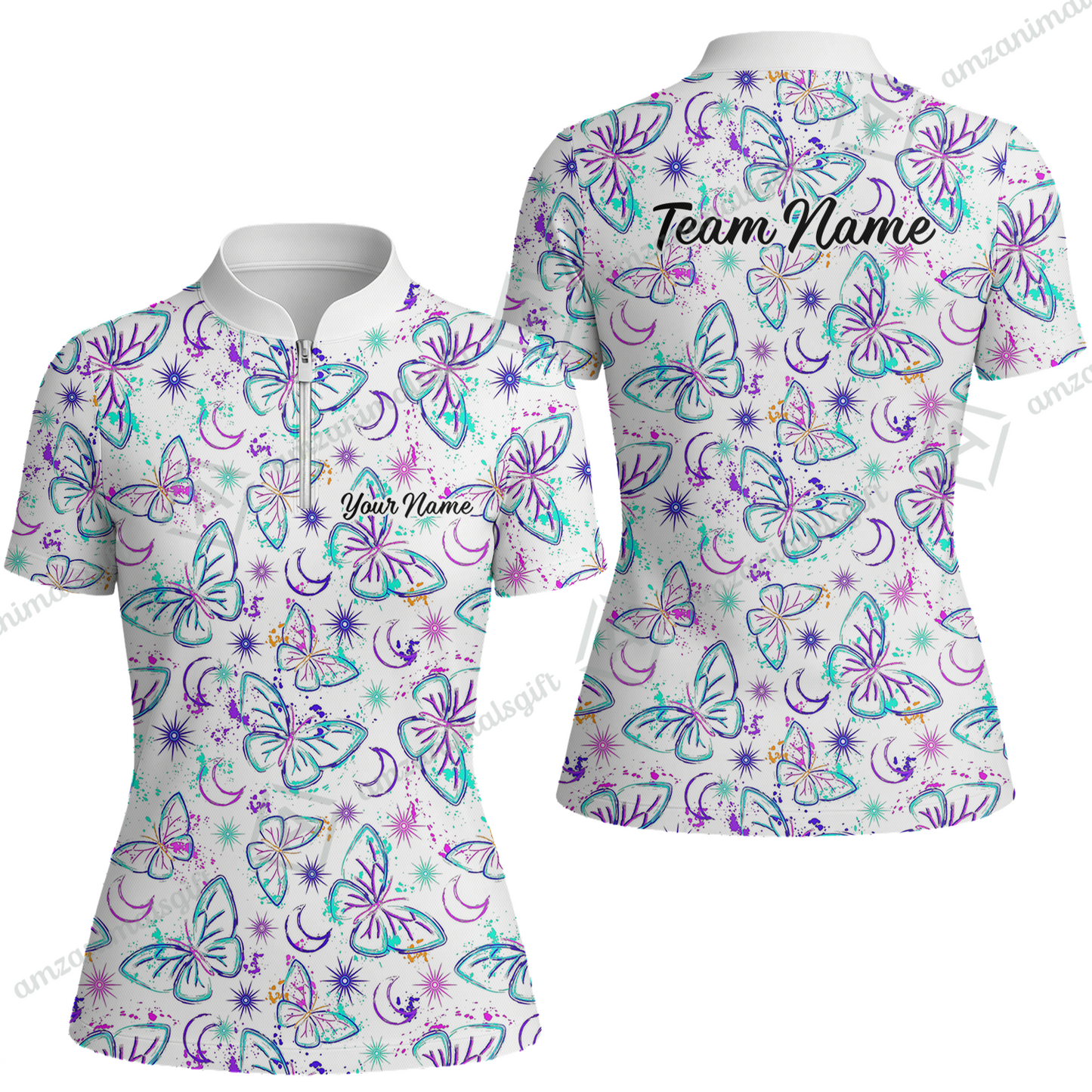 Custom Bowling Jersey Polo Shirt, Butterfly Moon Bowling, Custom Bowling Jersey Team Shirt For Players With Name & Team Name