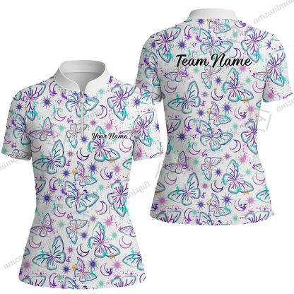 Custom Bowling Jersey Polo Shirt, Butterfly Moon Bowling, Custom Bowling Jersey Team Shirt For Players With Name & Team Name