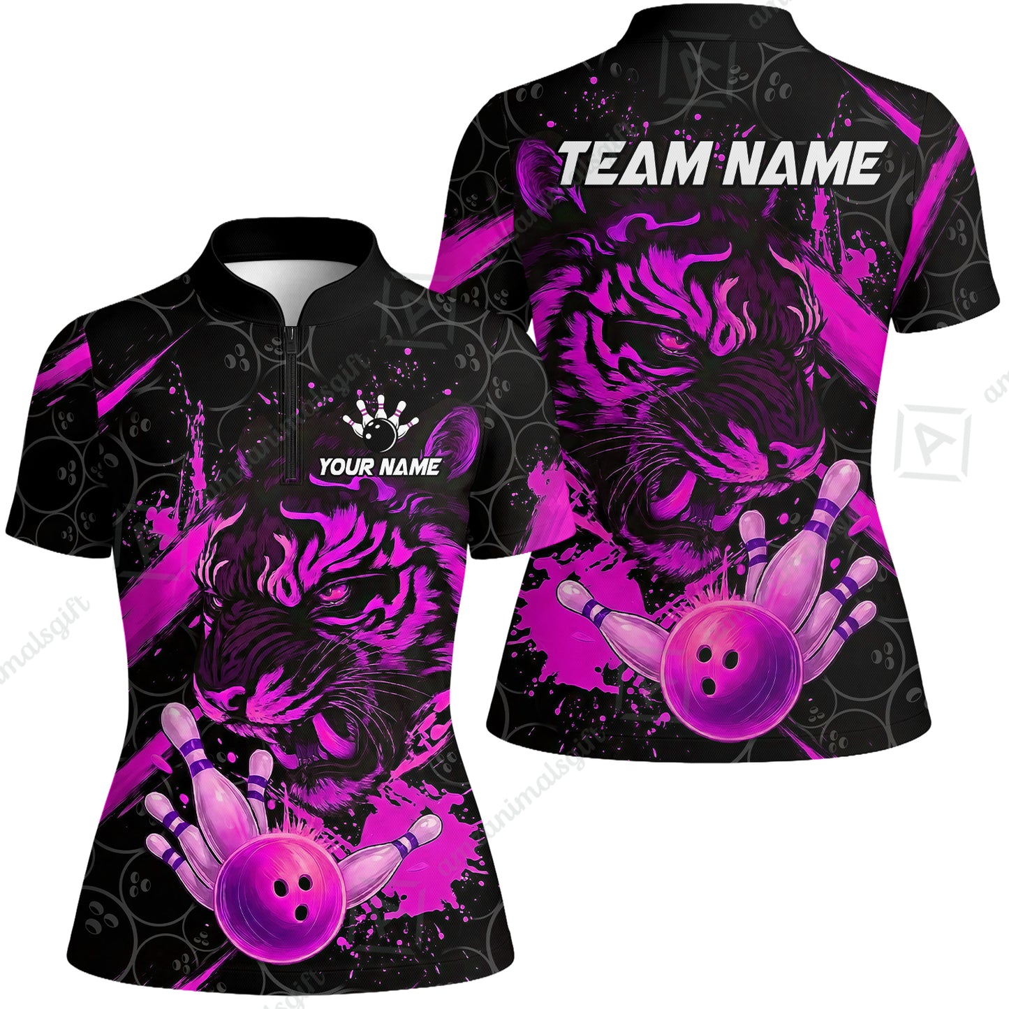 Customized Bowling Unisex Polo Shirt, Tiger Ball Striking Pins, Bowling Uniforms, Personalized Name And Team Name