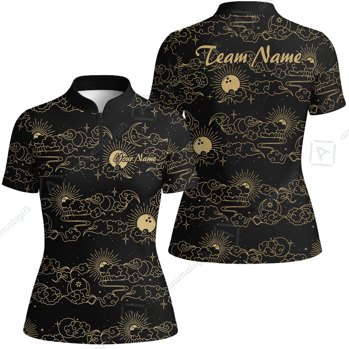 Custom Bowling Jersey Polo Shirt, Black Gold Celestial Bowling, Custom Bowling Jersey Team Shirt For Players With Name & Team Name