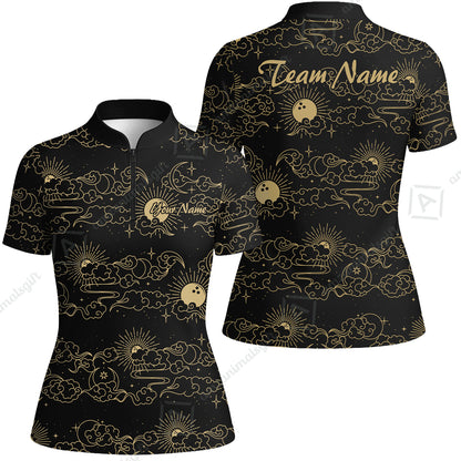 Custom Bowling Jersey Polo Shirt, Black Gold Celestial Bowling, Custom Bowling Jersey Team Shirt For Players With Name & Team Name