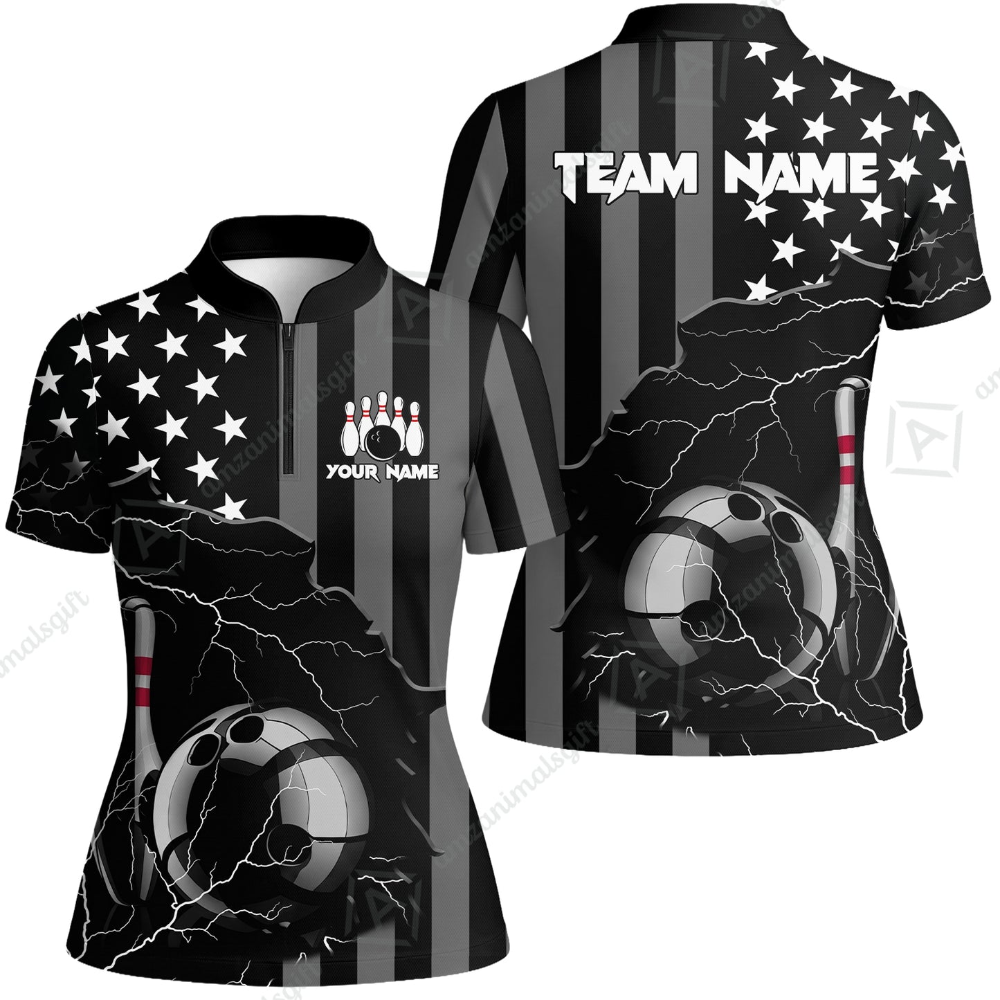 Custom Bowling Jersey Polo Shirt, Monochrome Lightning Flag Storm, Custom Bowling Jersey Team Shirt For Players With Name and Team Name