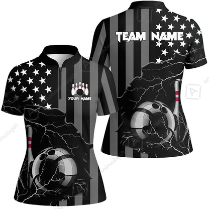 Custom Bowling Jersey Polo Shirt, Monochrome Lightning Flag Storm, Custom Bowling Jersey Team Shirt For Players With Name and Team Name