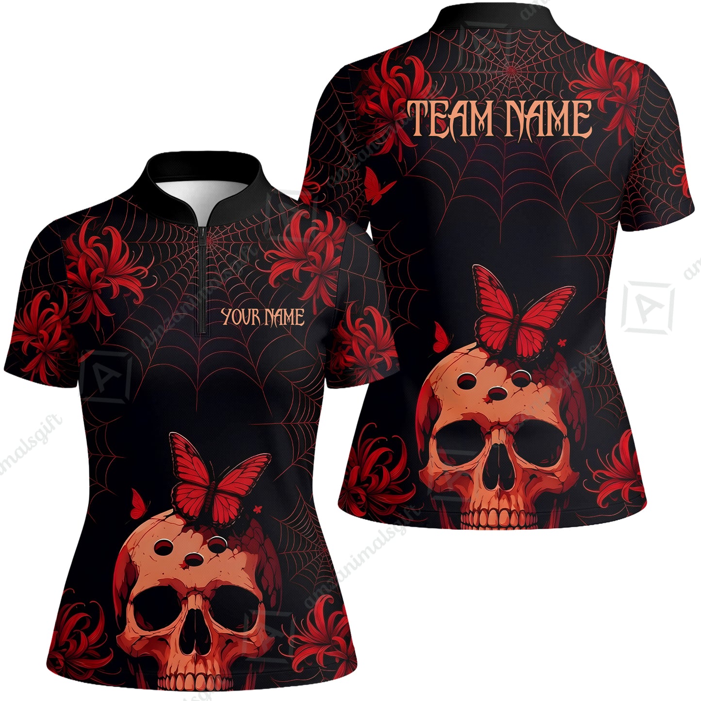 Customized Bowling Shirt, Bowling Skull Butterfly Spider Grid, Personalized Polo Shirt For Players With Name & Team Name