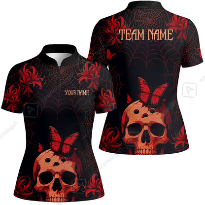 Customized Bowling Shirt, Bowling Skull Butterfly Spider Grid, Personalized Polo Shirt For Players With Name & Team Name